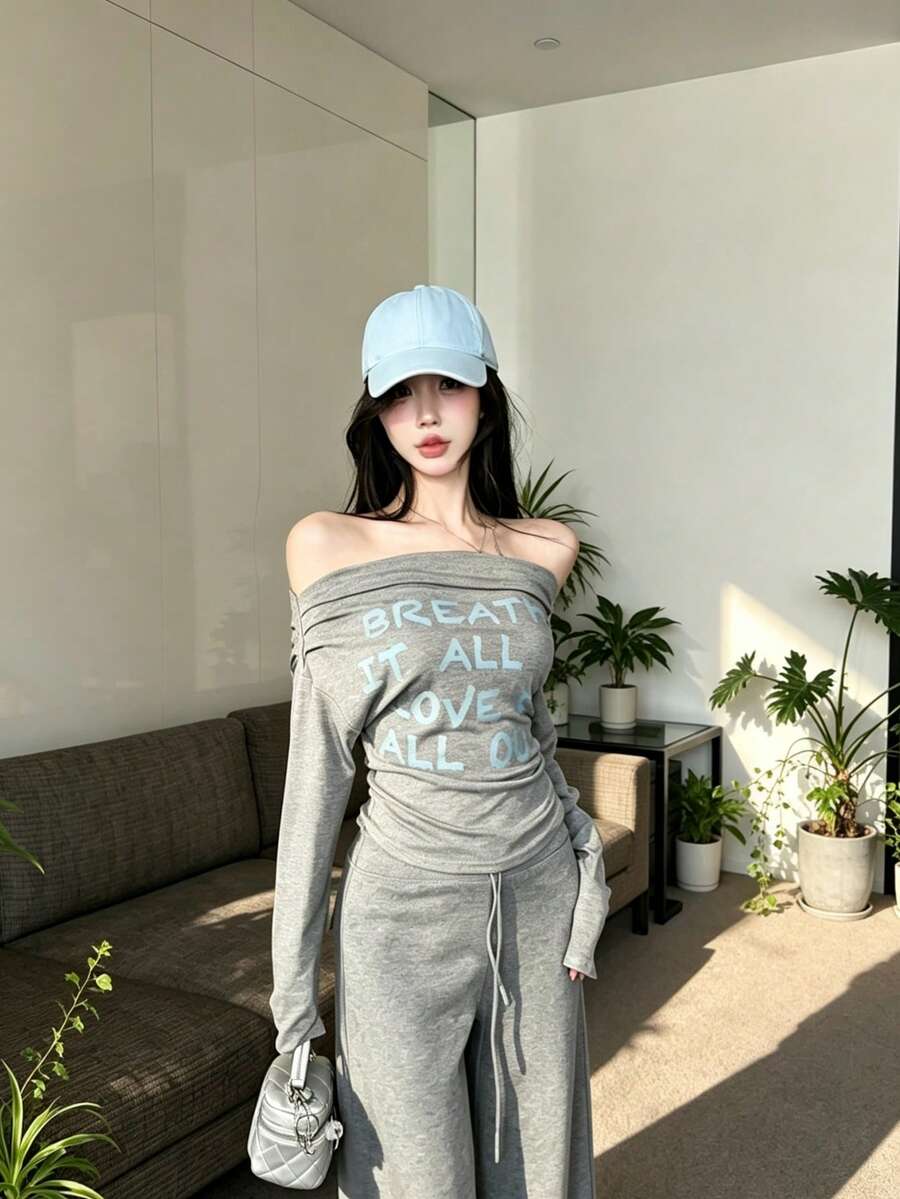Women's Off-Shoulder Knitted Long Sleeve Top, Regular Fit, High Elastic Grey Ribbed Knit Fabric, Suitable For Autumn Wear