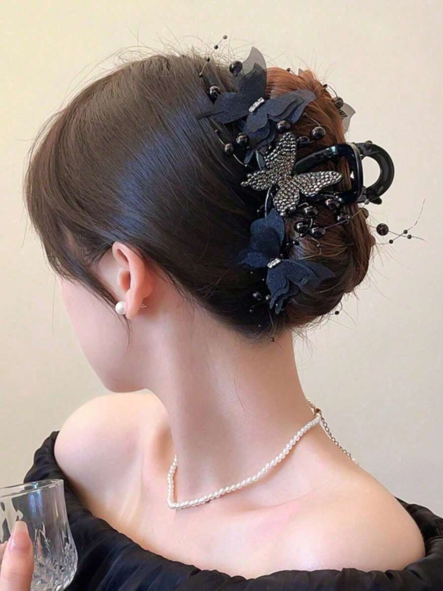 1pc Oversized Butterfly Hair Claw Clip With Pearl And Rhinestone Decor, Sweet And Cute Back-Of-Head Hair Accessory For Casual Daily Wear And Party Styling - Multicolor - View 1