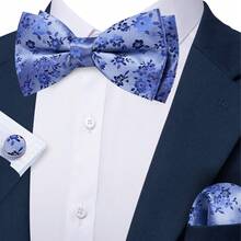 5Pcs Men Formal Bow Tie Set Dusty Blue Tiny Floral Jacquard Pattern Pocket Square Cufflinks Ring Boutonniere Cufflinks Pattern Random - Dusty Blue - View 4