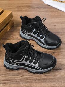 Men Black High‑Top Outdoor Snow Boots, Fleece Lining Warm Comfortable Minimalist Shoes, For Winter Hiking Camping Daily Commute All‑Match - Black - View 3