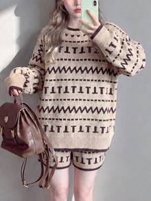 Women's New Vintage Style Beige Winter Sweater Set, Printed Pattern, 2 Pieces Set, Suitable For Autumn Wear - Brown - View 3