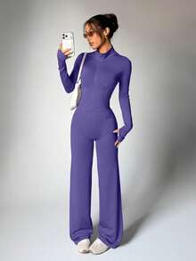 2pcs Set Purple Zipper Fitted Long Sleeve Top + Flowy Wide Leg Pants Yoga Outfit - Violet Purple - View 2
