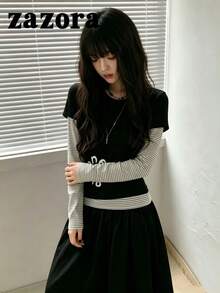 Kaos Lengan Panjang Patchwork Bergaris Gaya Korea 2 in 1 untuk Wanita, Potongan Longgar, Ramping, Serbaguna, Cocok untuk Musim Gugur - Hitam - View 1