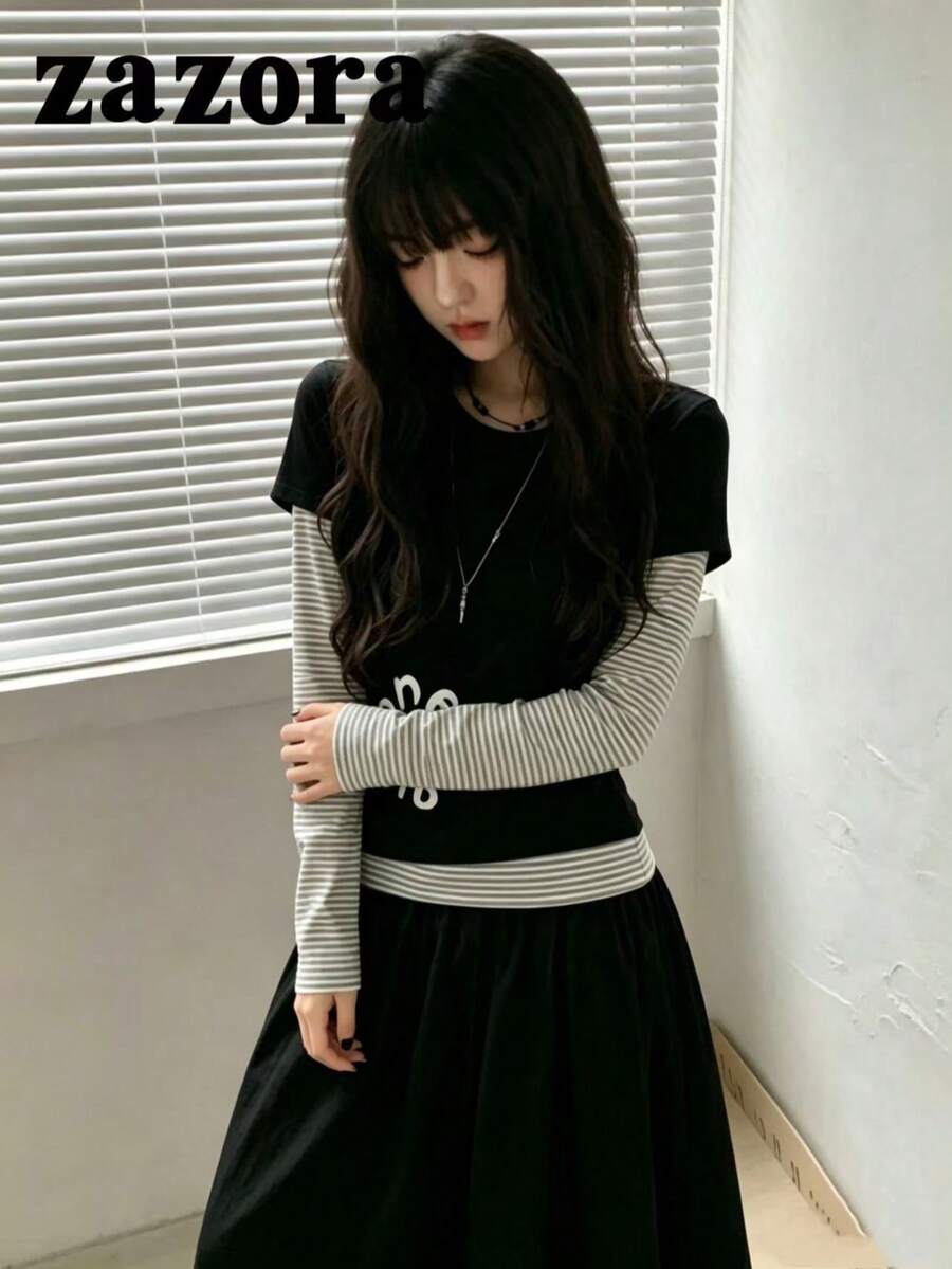 Kaos Lengan Panjang Patchwork Bergaris Gaya Korea 2 in 1 untuk Wanita, Potongan Longgar, Ramping, Serbaguna, Cocok untuk Musim Gugur - Hitam - View 1