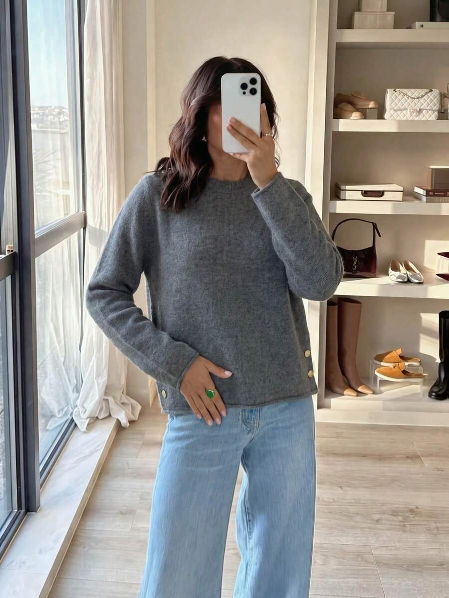 Stylish Women's Medium Stretch Knitwear Sweater Regular Length Long Sleeve Pullover With Rib-Knit Details And Gold Button Accent For Everyday Wear - Grey - View 1