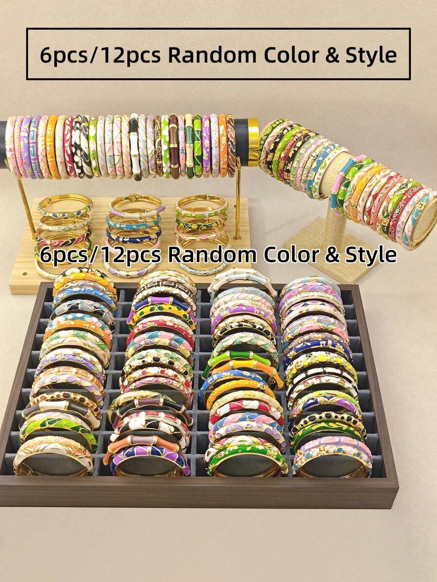 KASHIDAN 6pcs Random Color & Style Enamel Hinged Bangles, Gold-Plated Bracelets For Women, Suitable For Daily Wear, Elegant Gift For Women And Girls