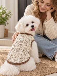 Lightweight Quilted Dog Harness Vest, Retro Floral Leaf Puppy Coat With D-Ring, Sleeveless Warm Pet Jacket With Ribbed Trim, Cute Daily Outfit For Small Dogs Maltese Poodle, For Autumn Walking & Pictures -New - Coffee Brown - View 4