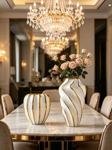 White Gold Fluted Rim Ceramic Flower Vase, 1 Piece Luxury Tabletop Ornament - 1PC - View 3