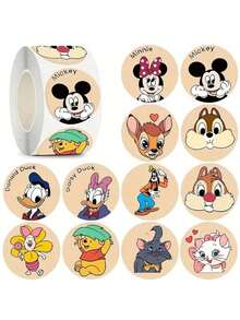 Disney 500pcs Mickey Round Stickers, Cute Mickey, Minnie, Winnie The Pooh, Donald Duck Cartoon Character Stickers, Reward Stickers, Envelope Seal Stickers, Gift Wrapping Decoration, Small Gift Decoration - Multicolor - View 2