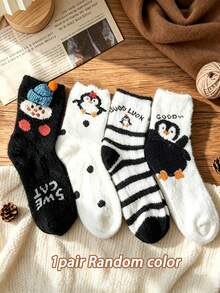 1/4/8 Pairs Cute Penguin And Snowman Plush Mid-Calf Socks, Soft And Warm -Lined Winter House Socks, Comfortable Cartoon-Patterned Sleep Socks - Multicolor - View 7