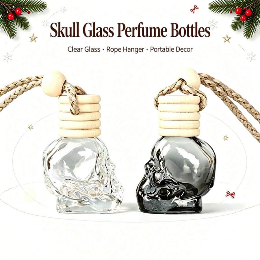 5pcs Skull Car Air Freshener Bottles, 8ml Clear Glass Hanging Aromatherapy Diffuser, Empty Pendant Fragrance Bottles With Rope, Suitable For Car And Home Decor - Multicolor - View 1