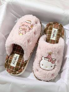 Hello Kitty Cartoon Kitten Design Women's Plush Slippers, Christmas Theme Slip-On Comfortable Flat Bedroom Slippers - Pink - View 3