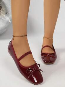 Women Retro Square Toe Bow Mary Jane Ballet Flats, Patent PU Single Strap Comfortable Daily Wear Shoes - Burgundy - View 4