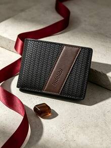 1pc Woven Contrast Color Short Bifold Wallet, Multi-Card Slot Large Capacity PU Leather Card Holder, Business Casual Portable Card Case, Birthday Gift, Father's Day Gift - Black - View 12
