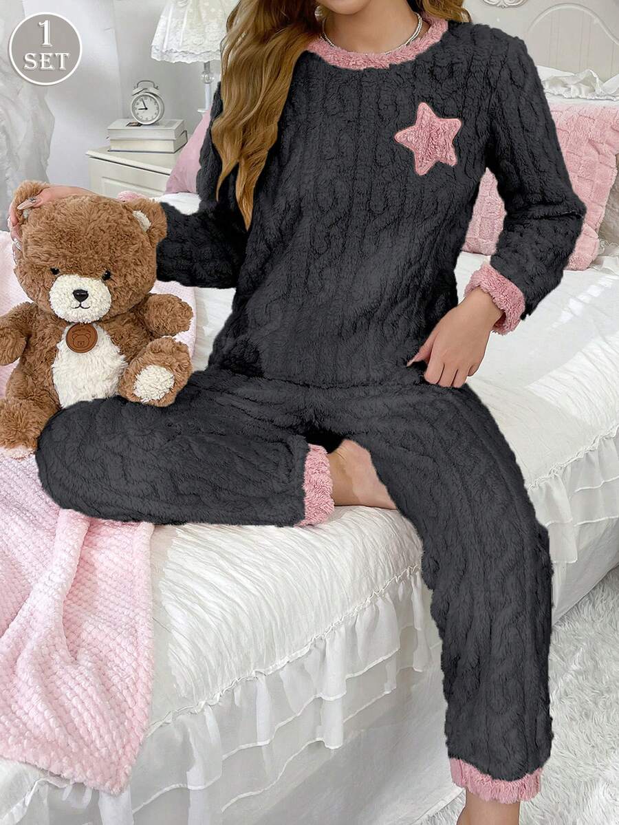 Women's 2 Pieces Pajama Set, Dark Gray Star Print Round Neck Long Sleeve Top And Sweet Colorblock Long Pants, Autumn/Winter Long Plush Loungewear Set - Dark Grey - View 1