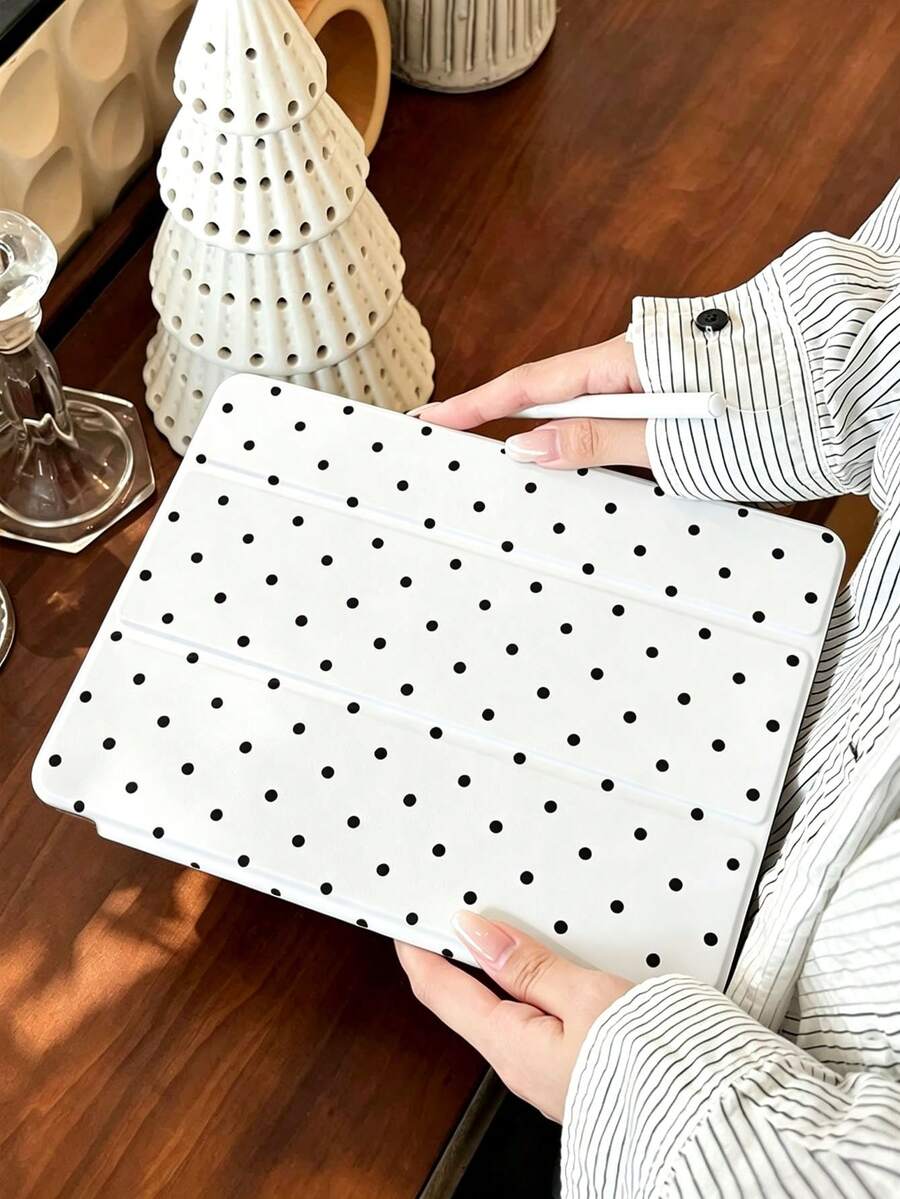 1pc Black Polka Dot Tablet Case, Compatible With IPad Mini4/Mini5/Mini6/Mini7/10.2/10.5/10.9(Air4-Air8)/Pro 11/10th Gen/A16/Pro 11 2024, Suitable For Galaxy A8 Model, Painted Pattern Soft Shell Tablet Case, Tri-Fold Stand, Auto Sleep/Wake, Built-In Pen Slot, Pen Not Included - Multicolor - View 1