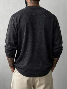 Men's Spring Autumn Fashion Versatile Minimalist Casual Line & English Print Crew Neck Faux Washed Long Sleeve T-Shirt - Black - View 3