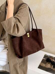 1pc Deep Coffee Color Mother-Daughter Bag Metal Lock Large Capacity Shoulder Bag Lock Closure Minimalist Retro Tote Bag Autumn Winter Office Commute Women's Handbag - A - View 3