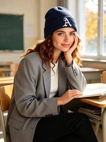 1Pc Women A‑Z Gothic Letter Cuffed Ribbed Knit Beanie, Personalized Warm Winter Knitted Hat For Ladies Daily Casual Wear - Navy Blue - View 2