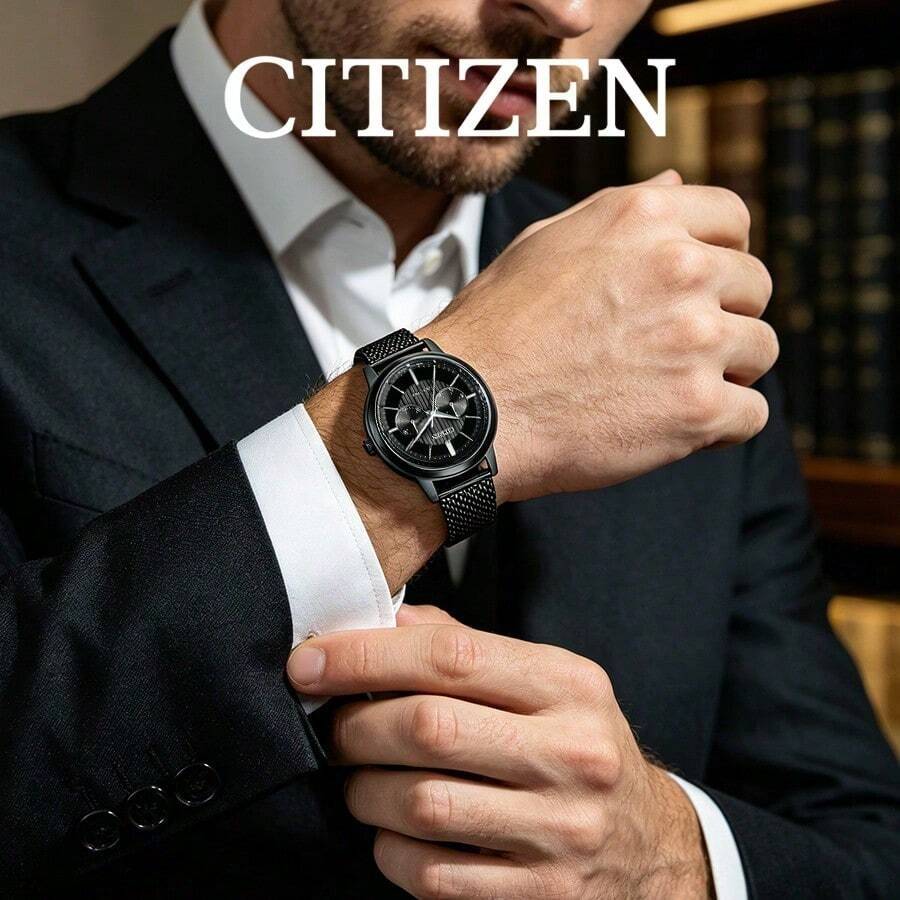 CITIZEN Men's -Drive Multi-Function Watch Matte Black Case Sub-Dial Chronograph Layout Breathable Black Mesh Strap Minimal Urban Men Wristwatch - Black - View 1