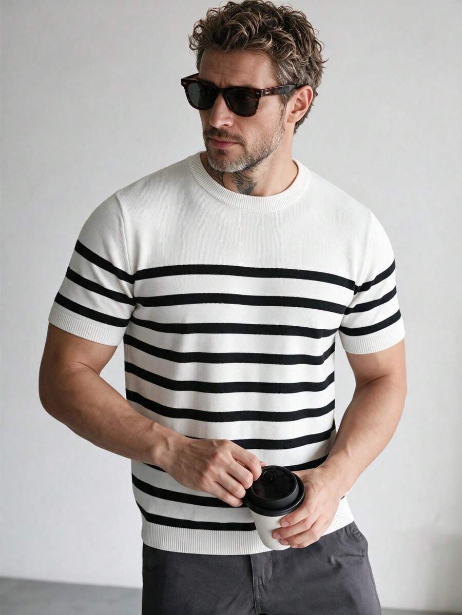 1pc Men's Round Neck Striped Knit Sweater, Breathable Thin Casual Everyday Wear, Spring/Autumn/Winter