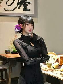 秋服 ワンピース チャイナドレス スタンドカラー キーホールネック チャイナボタン フロッキー フレアカフス 長袖 タイト マーメイド マキシ丈 チャイナ きれいめ 脚長効果 ウエストマーク デート パーティー デイリー - ブラック - チェックする 4
