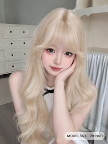 alicegarden 28-Inch Long Synthetic Wig Featuring A Natural Wavy Style In A A Stunning Gold. Designed With Bangs , This False Hairpiece Is Perfect For Ms Daily Party Cosplay Use, Offering A Natural And Natural Durable Wig Gift For Ladies. - Gold - View 2