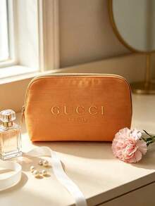 Tas Makeup Zipper Bentuk Kerang Warna Oranye Hangat dengan Interior Motif Bunga dan Logo Emas, Portabel untuk Travel, Penyimpanan Kosmetik, Hadiah untuk Wanita, Gucci Beauty Warm-Orange Shell-Shaped Zip Makeup Pouch - Kuning - View 9