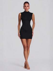 Elegant High Neck Sleeveless Corset Waist Mini Dress - Black - View 9