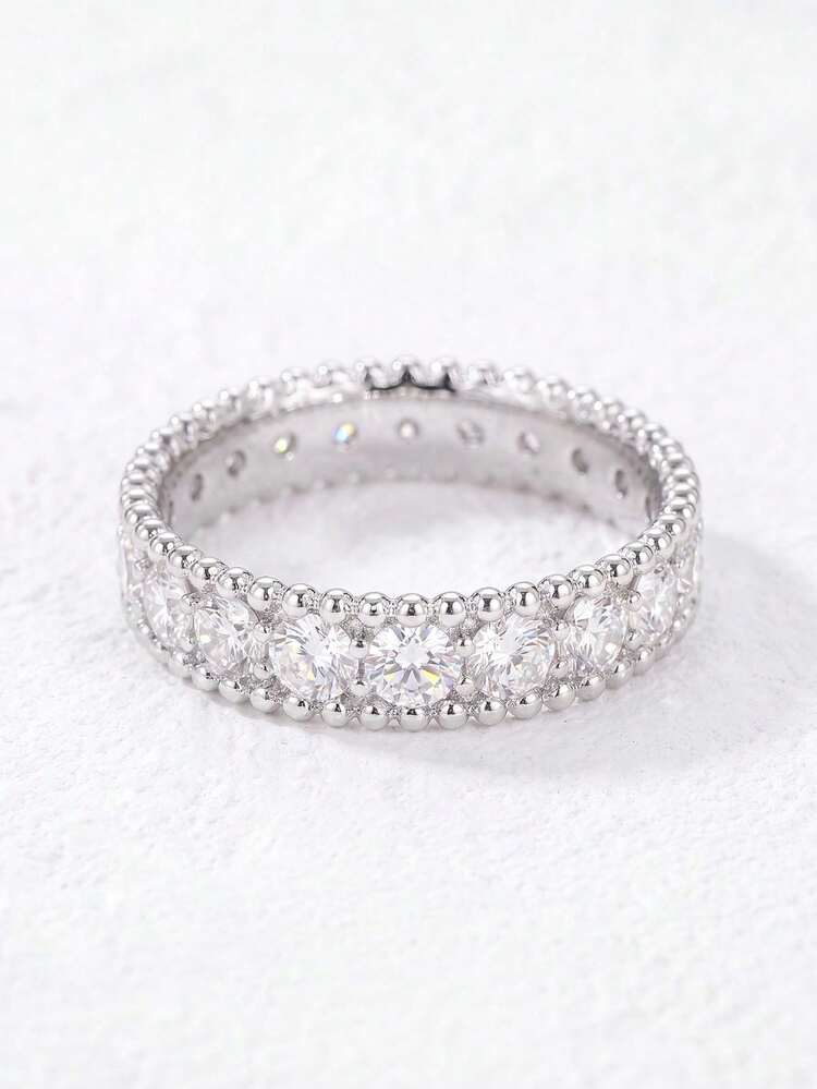 1pc Moissanite Ring Delicate Beaded Full Pave Band Perfect For Women's Parties And Everyday Wear - Geometric Moissanite Ring - View 2