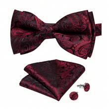 5Pcs Men Red Paisley Jacquard Bow Tie Pocket Square Cufflinks Ring Boutonniere Set, Cufflinks Pattern Random For Wedding - Red - View 4