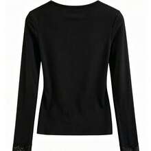Women's V-Neck Lace Trim Base Layer Top, Spring/Autumn/Winter Thermal Lined Long Sleeve T-Shirt - Black - View 6