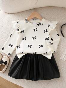 Autumn/Winter Baby Girl Cute Bow Print Ruffle Top & Black PU Leather Skirt Stylish Outfit For Outings And Gatherings - Apricot - View 1