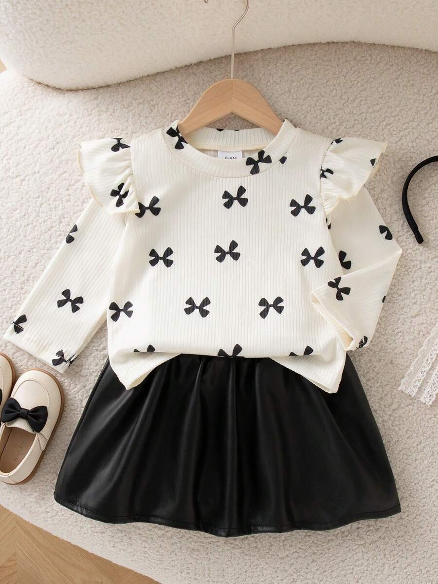 Autumn/Winter Baby Girl Cute Bow Print Ruffle Top & Black PU Leather Skirt Stylish Outfit For Outings And Gatherings - Apricot - View 1