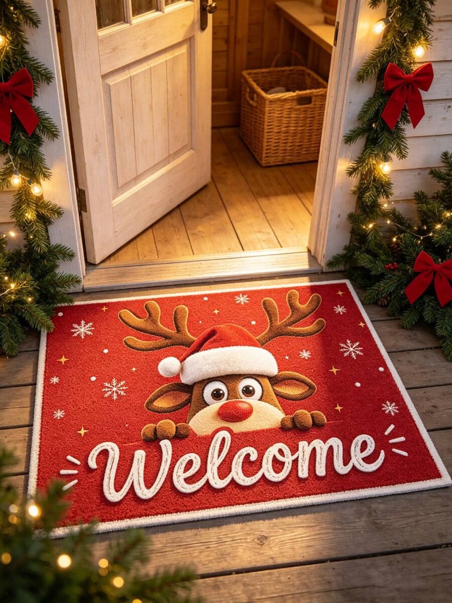 1PC Christmas Entry Door Mat, Red Background Cartoon Style Snowflake Starlight Cute Peeking Red Nose Reindeer Welcome Print Carpet, Seasonal Decorative Mat, With Holiday Design, Christmas Decoration, Perfect Christmas Gift, Perfect Match For Christmas And New Year Celebration, Door Mat, Small Rug, Welcome Mat, Carpet, Floor Mat, Outdoor Door Mat, Kitchen Rug, Home Decor, Front Door Mat, Area Rug - Multicolor - View 1