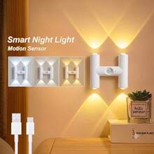 New White Wall-Mounted Motion Sensor Light, LED Dual-Head Up & Down 4-Light Ambient Lamp, USB Rechargeable, Multi-Color Adjustable Brightness, Suitable For Bedroom, Living Room, Hallway And Closet Indoor Decoration - H-type - View 3