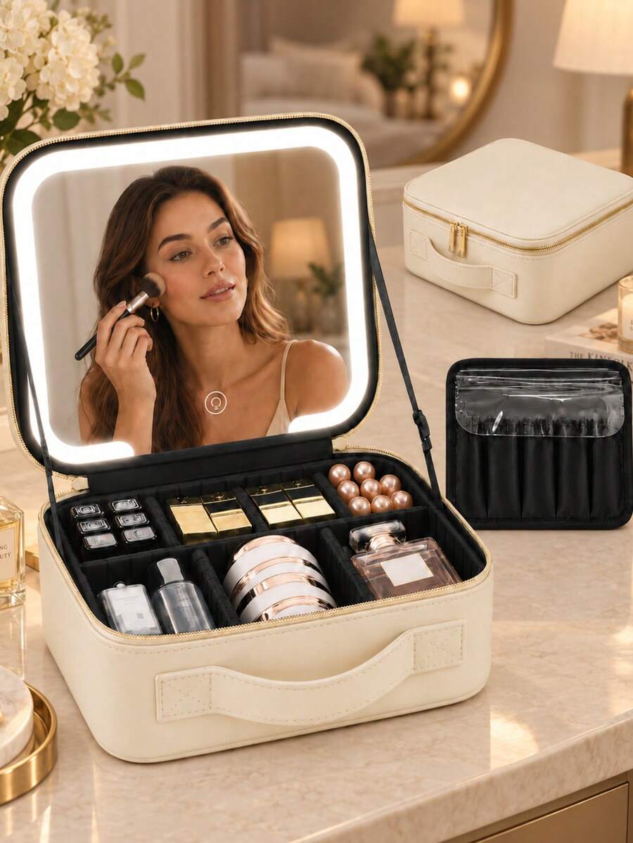 LED Makeup Mirror Cosmetic Bag, Large Capacity Cosmetic Storage, 3 Color Lights, Dimmable Touch Control, Adjustable Dividers, Portable Travel Cosmetic Organizer, Skincare, Brushes & Cosmetics, Gift For Girls And Women
