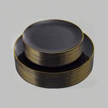 15pcs 7.5 Inch And 6pcs 10.25 Inch Black Single Ring Gold Rim Plates, 2 Sizes Available, Reusable And Washable, Perfect For Home, Hotel, Birthday, Outdoor And Various Party Events - Black - View 1