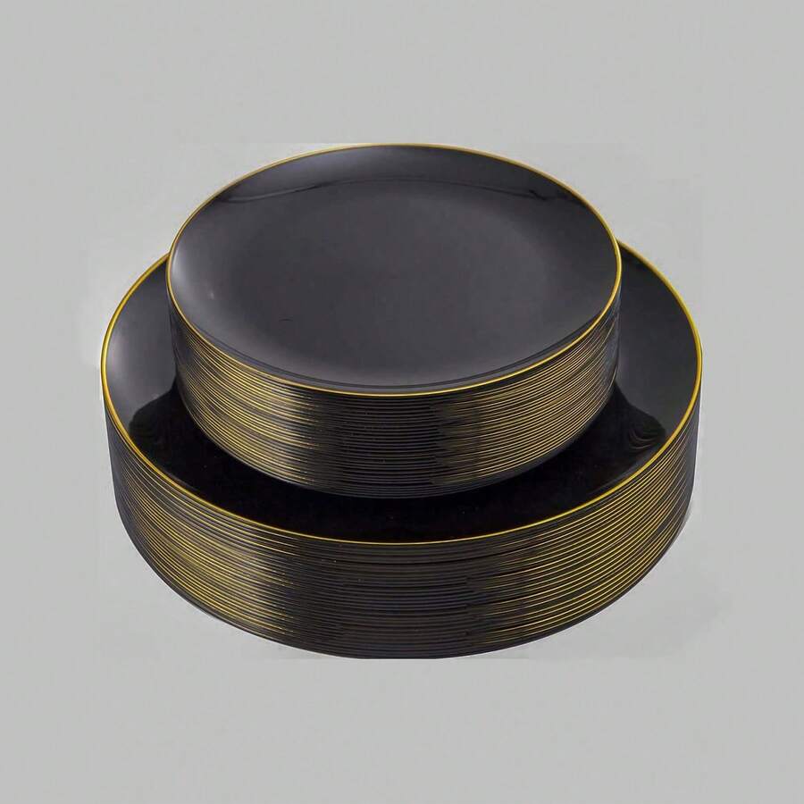 15pcs 7.5 Inch And 6pcs 10.25 Inch Black Single Ring Gold Rim Plates, 2 Sizes Available, Reusable And Washable, Perfect For Home, Hotel, Birthday, Outdoor And Various Party Events - Black - View 1