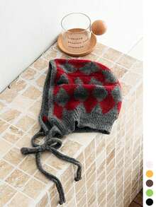 Retro Tie Argyle Plaid Ear Flap Beanie, Color Block Jacquard Knit Hat, Versatile Minimalist Face-Flattering Design - Contrast Color Diamond Plaid Flat Cap - View 17