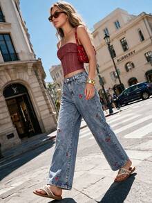 Elegant Cherry Embroidery Fashion Delicate Pocket Button Solid Color Pants, A Slightly Small Size Fall Casual - Blue - View 2