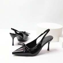 Women's Black Patent Leather Pointed Toe Slingback High Heels With Bow Detail, Elegant Stiletto Pumps For Date, Wedding And Summer Party - Black - View 4