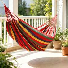 1pc Canvas Cotton Double Hammock For 1 Or 2 People, With Tree Hanging Straps, Portable & Comfortable, Suitable For Patio, Backyard, Outdoor, Indoor, Home, Garden, Camping, Travel, Red & Blue Color, Best Gift Choice (Includes Tie Ropes And Storage Bag) - Multicolor - View 5