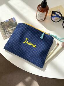 Personalized Embroidered Plaid Makeup Bag, Customized Name Colorblock Makeup Storage Bag With Zipper, Plaid Travel Toiletry Bag, Toiletry Bag, Bridesmaid Gift, Birthday Gift - Multicolor - View 6