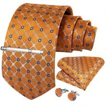 Business Commute Men's Tie 4-Piece Set Orange Gold Blue Plaid Handkerchief Cufflinks Silver Tie Clip Formal Outfit Matching - Yellow - View 2