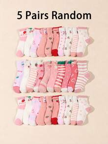 10 Pairs Random Kids Sweet Fruit Embroidered Mid-Calf Leg Warmers, Multiple Strawberry & Cherry Patterns, Fresh Pink & White Colorway, Comfortable Breathable Versatile Casual Sock Set - Multicolor - View 10