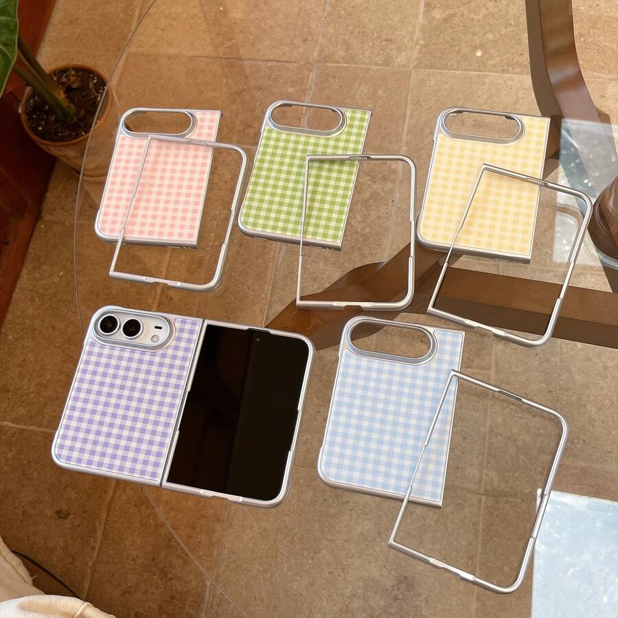 Ốp lưng điện thoại khung bạc mạ điện họa tiết kẻ caro Macaron cho iPhone Duo/18, phong cách tối giản tươi mới, dạng gập chia đôi, bao phủ toàn diện, chống rơi bảo vệ máy