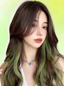 1pc Women Green Highlighted Hair Extension Piece, Invisible Realistic Long Airy Hair Extensions, Invisible Realistic Long...Hair Strands, Trimmable Length - Green - View 3