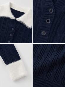 Korean Style Soft Sexy Aesthetic Patchwork Faux Fur Collar Cable Knit Contrast Color Sweater Women Autumn Winter Inner Layer Base Layer Slim Fit Elegant Top - Navy Blue - View 8