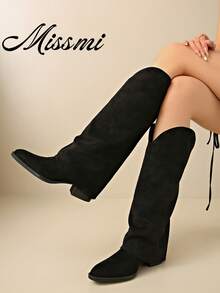 Elegant Pointed Toe Chunky Heel Matte Leather Side Zipper V-Cut Slimming Versatile Women's Tall Boots - Black - View 1